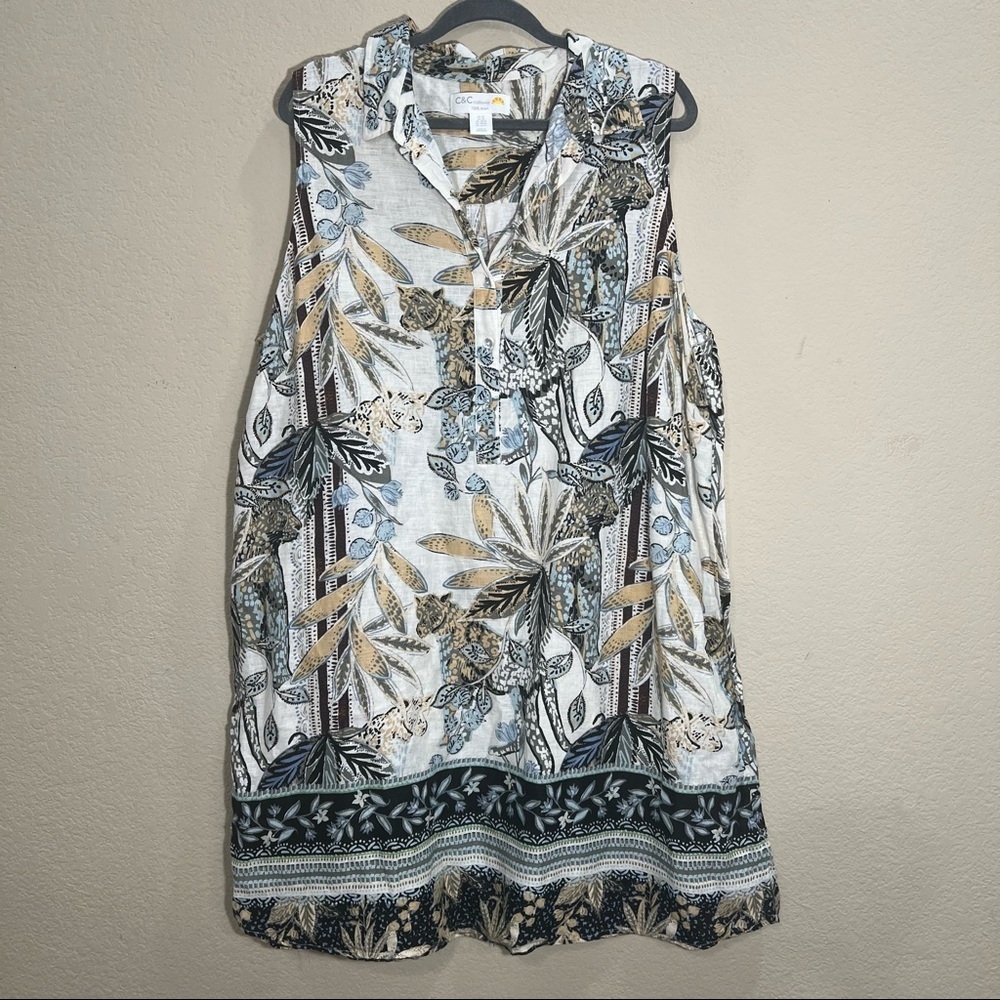 C&C CA 100% LINEN JUNGLE DRESS TUNIC TROPICAL SLEEVELESS SZ 2XL RESORT BOHO EUC